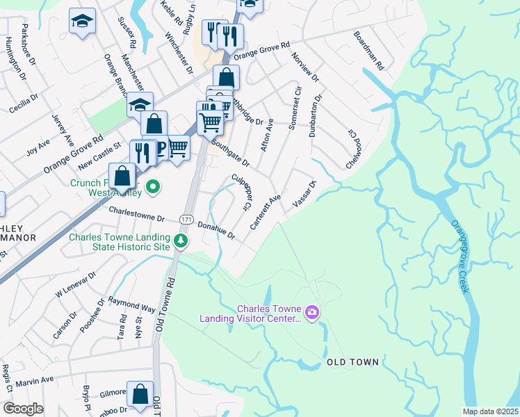 map of restaurants, bars, coffee shops, grocery stores, and more near 1631 Carterett Avenue in Charleston