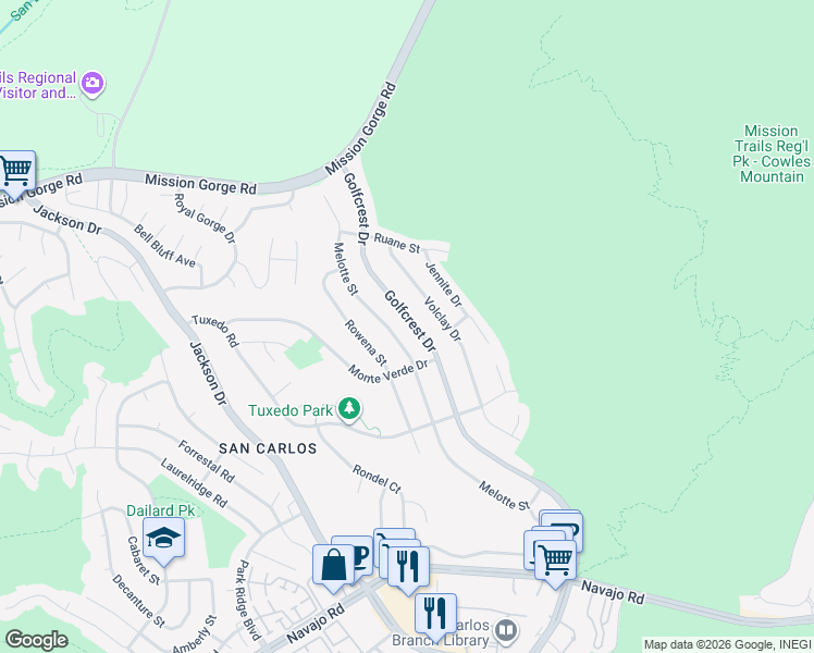 map of restaurants, bars, coffee shops, grocery stores, and more near 7564 Golfcrest Drive in San Diego