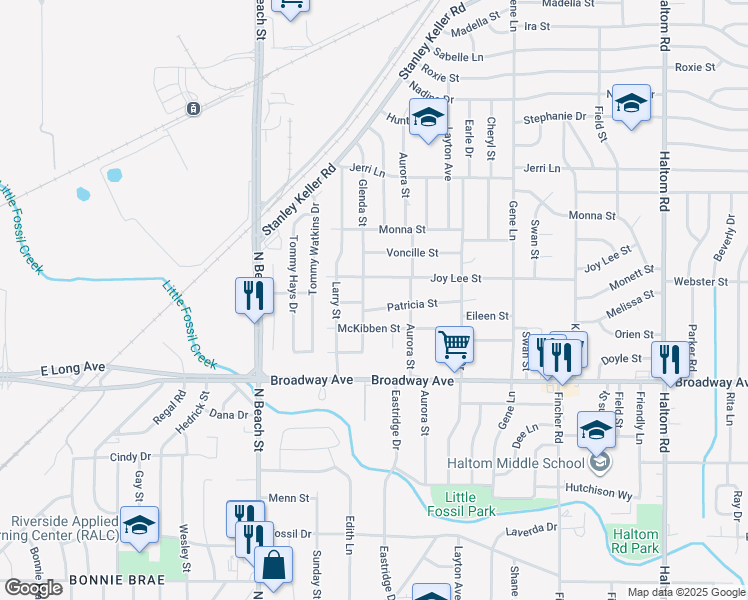 map of restaurants, bars, coffee shops, grocery stores, and more near 4205 Patricia Street in Fort Worth