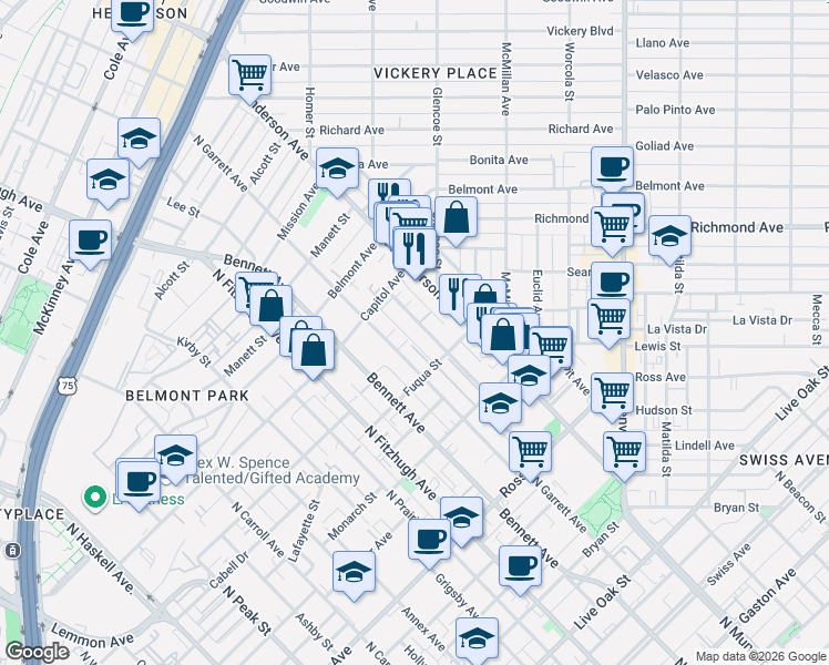 map of restaurants, bars, coffee shops, grocery stores, and more near 2201-2235 North Garrett Avenue in Dallas