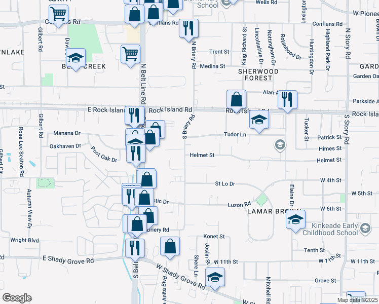 map of restaurants, bars, coffee shops, grocery stores, and more near 3221 Helmet Street in Irving
