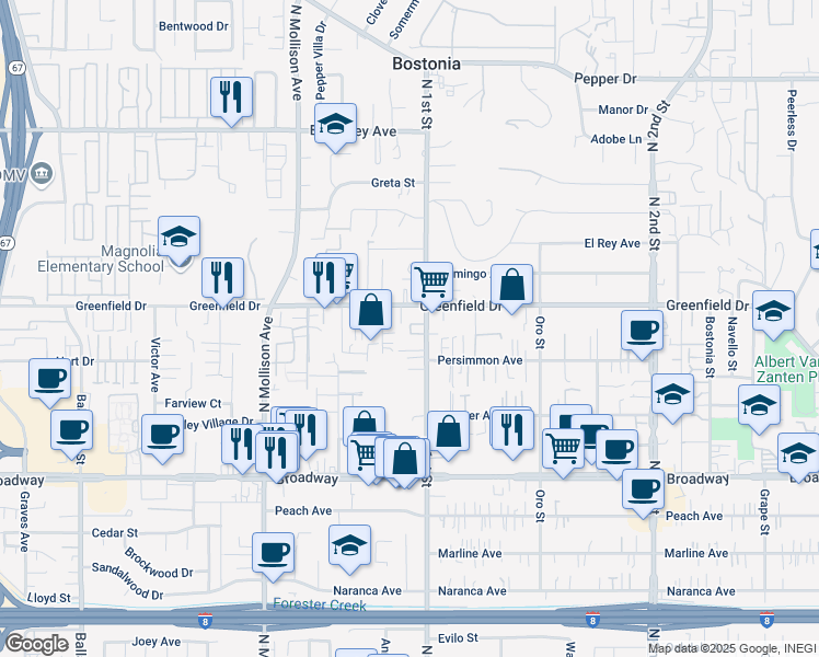 map of restaurants, bars, coffee shops, grocery stores, and more near 1233 Linalda Drive in El Cajon