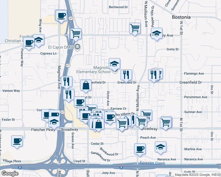 map of restaurants, bars, coffee shops, grocery stores, and more near 1237 Victor Avenue in El Cajon