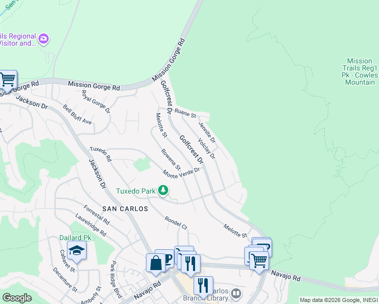 map of restaurants, bars, coffee shops, grocery stores, and more near 7587 Melotte Street in San Diego