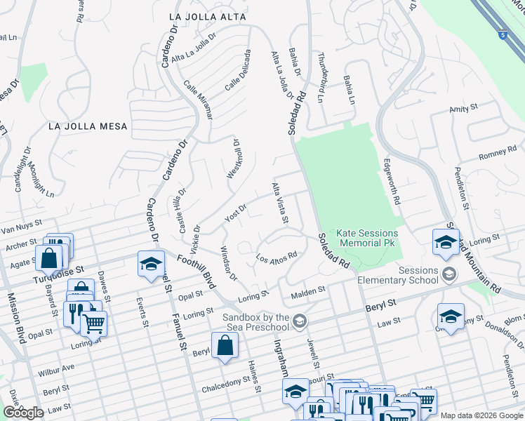 map of restaurants, bars, coffee shops, grocery stores, and more near 5206 Alta Vista Street in San Diego