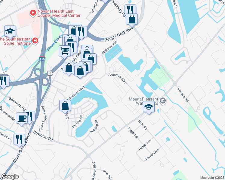 map of restaurants, bars, coffee shops, grocery stores, and more near 1536 Rifle Range Rd in Mt Pleasant