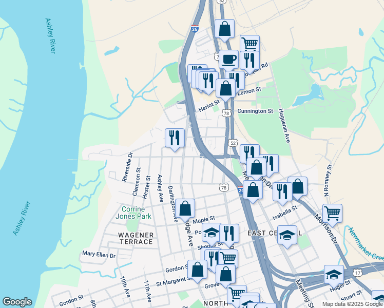 map of restaurants, bars, coffee shops, grocery stores, and more near in Charleston