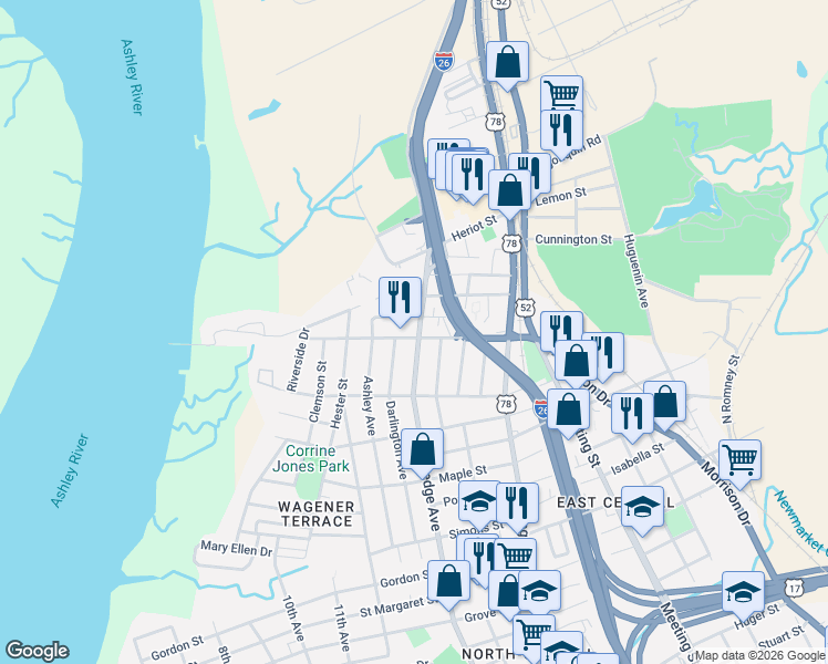 map of restaurants, bars, coffee shops, grocery stores, and more near in Charleston