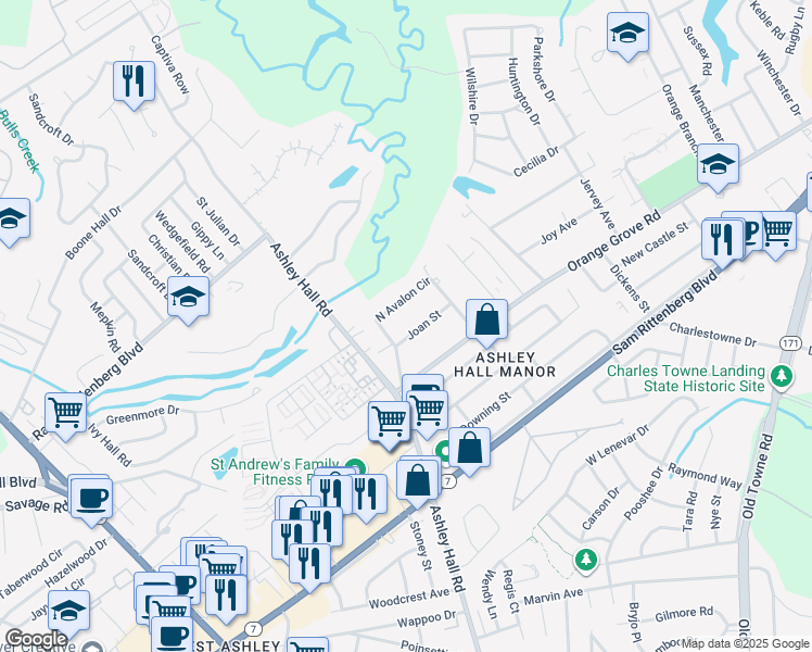 map of restaurants, bars, coffee shops, grocery stores, and more near 1538 Joan Street in Charleston