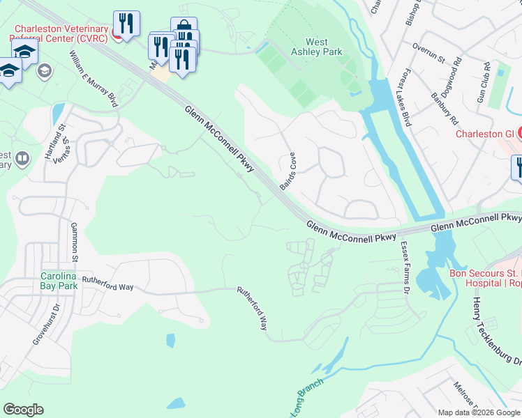 map of restaurants, bars, coffee shops, grocery stores, and more near 132 Eagle View Drive in Charleston