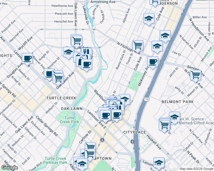 map of restaurants, bars, coffee shops, grocery stores, and more near 3919 Buena Vista Street in Dallas