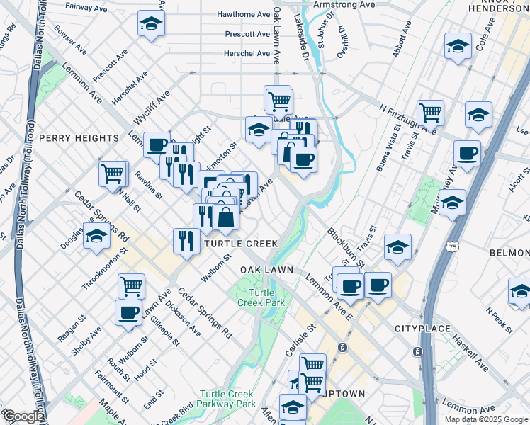 map of restaurants, bars, coffee shops, grocery stores, and more near 3702 Holland Avenue in Dallas
