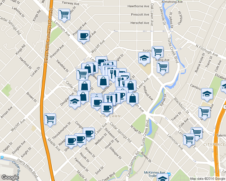 map of restaurants, bars, coffee shops, grocery stores, and more near 3917 Rawlins Street in Dallas