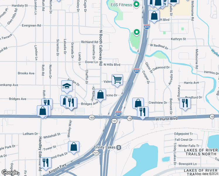 map of restaurants, bars, coffee shops, grocery stores, and more near 200 North Booth Calloway Road in Hurst
