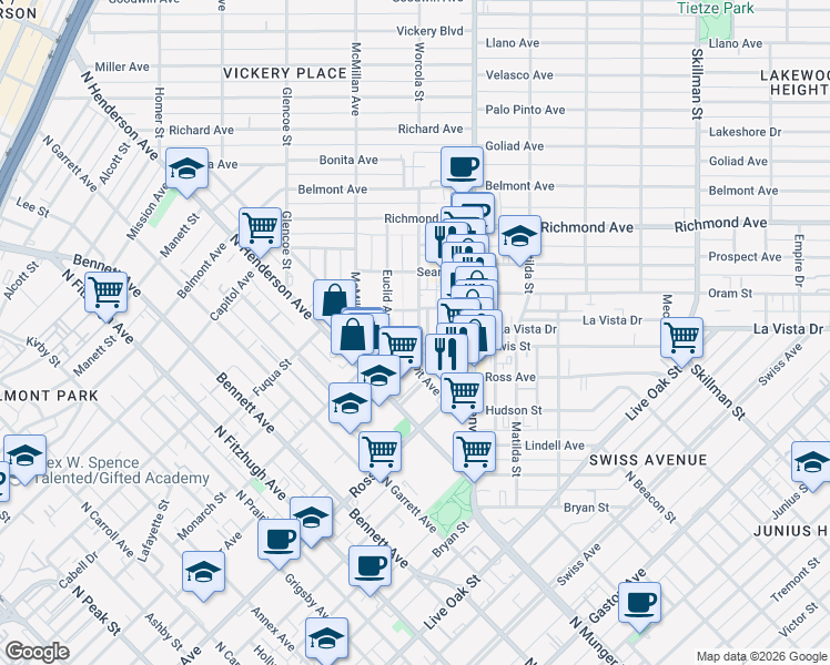 map of restaurants, bars, coffee shops, grocery stores, and more near 1857 Summit Avenue in Dallas
