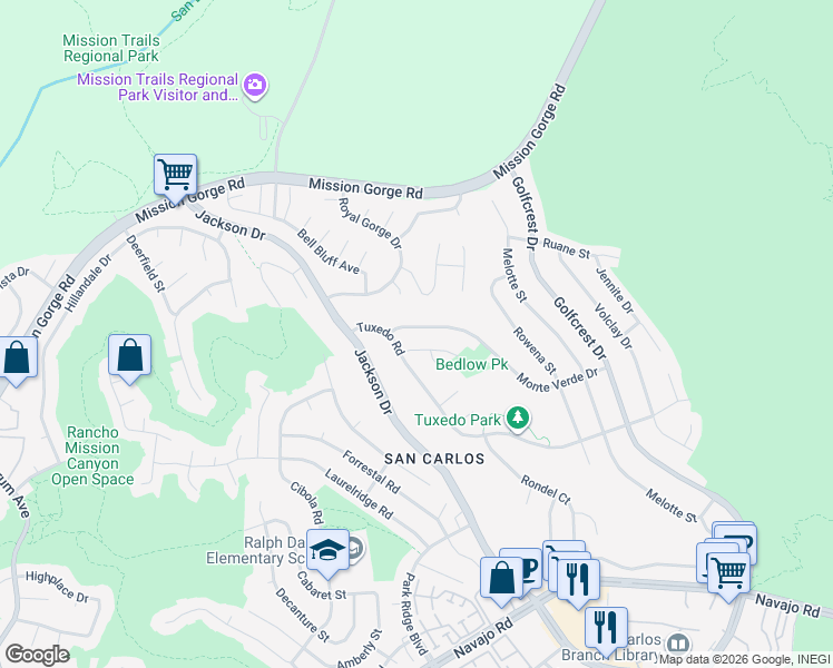 map of restaurants, bars, coffee shops, grocery stores, and more near 6715 Monte Verde Drive in San Diego
