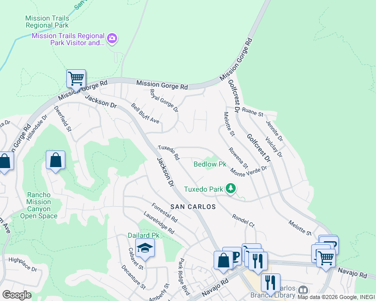 map of restaurants, bars, coffee shops, grocery stores, and more near 6707 Monte Verde Drive in San Diego