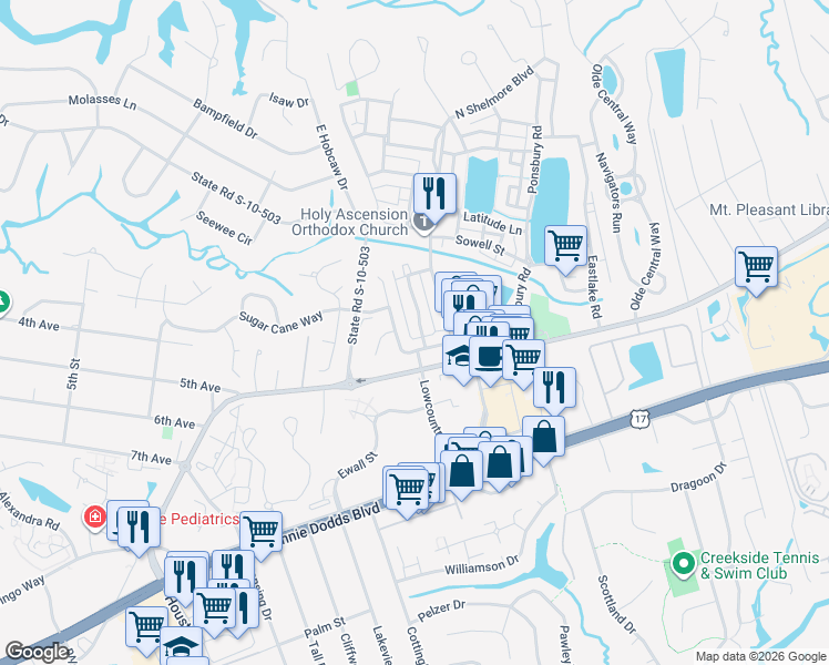 map of restaurants, bars, coffee shops, grocery stores, and more near 194 Ionsborough Street in Mount Pleasant
