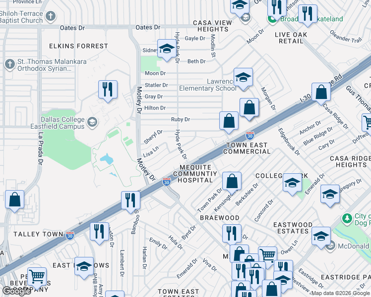 map of restaurants, bars, coffee shops, grocery stores, and more near 3528 Susan Drive in Mesquite