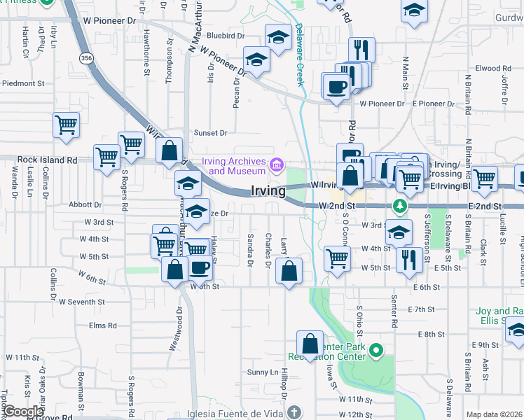 map of restaurants, bars, coffee shops, grocery stores, and more near 800 Mary Lee Circle in Irving