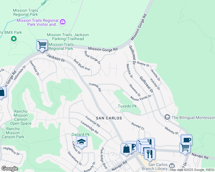 map of restaurants, bars, coffee shops, grocery stores, and more near 6731 Monte Verde Drive in San Diego