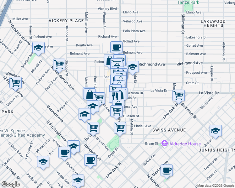 map of restaurants, bars, coffee shops, grocery stores, and more near 1811 Greenville Avenue in Dallas