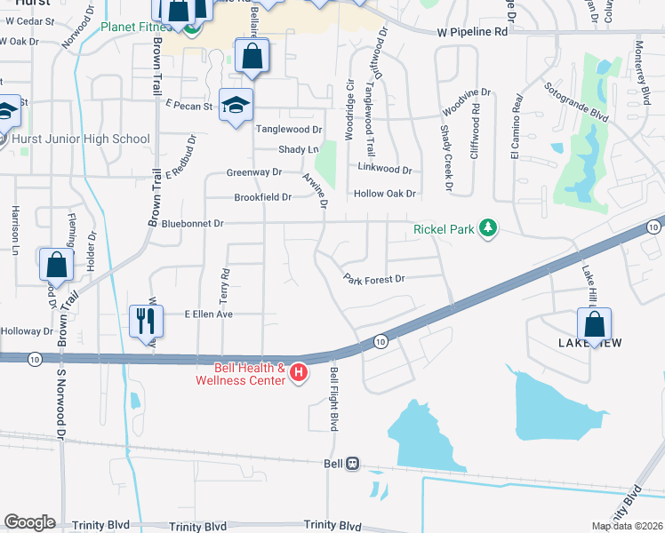 map of restaurants, bars, coffee shops, grocery stores, and more near 220 Arwine Drive in Hurst
