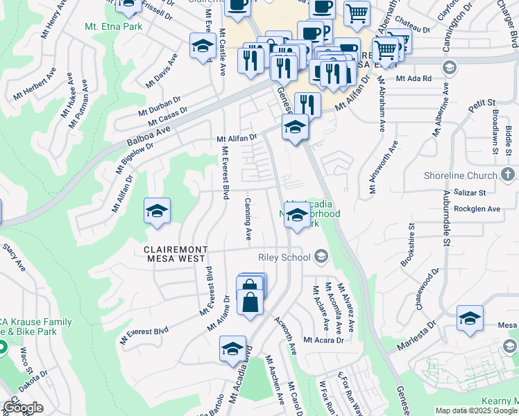 map of restaurants, bars, coffee shops, grocery stores, and more near 5261 Canning Court in San Diego
