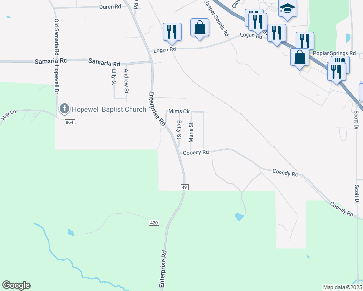 map of restaurants, bars, coffee shops, grocery stores, and more near 102 Betty Street in Clanton
