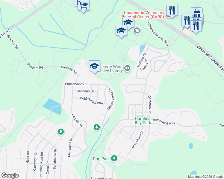 map of restaurants, bars, coffee shops, grocery stores, and more near 3229 Conservancy Lane in Charleston