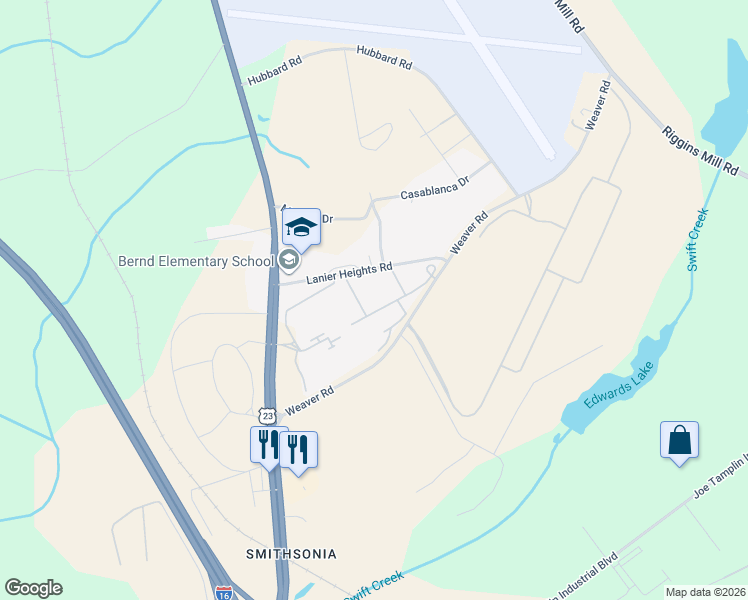 map of restaurants, bars, coffee shops, grocery stores, and more near 59 Lanier Heights Road in Macon
