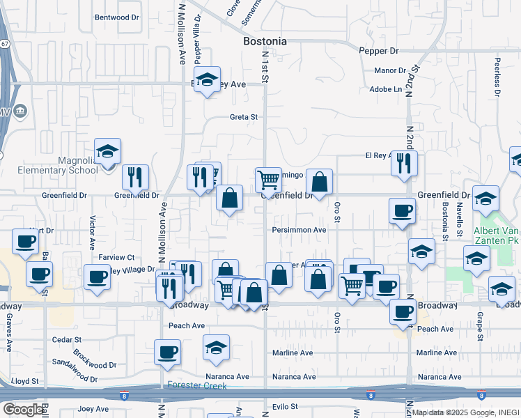 map of restaurants, bars, coffee shops, grocery stores, and more near 1242 North 1st Street in El Cajon