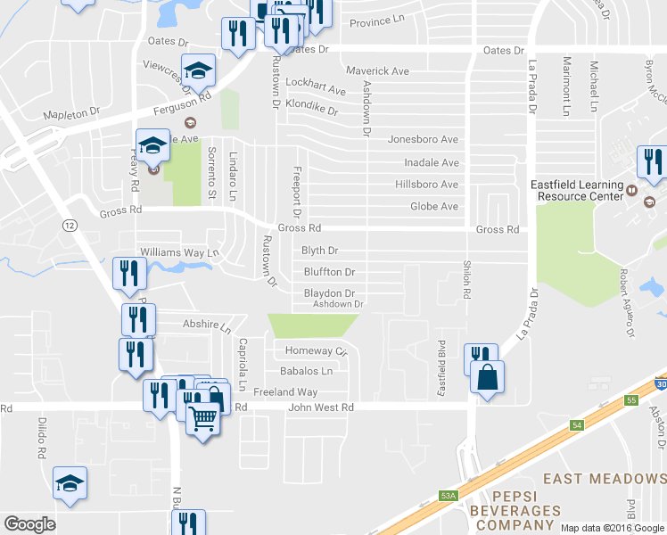 map of restaurants, bars, coffee shops, grocery stores, and more near 2407 Bluffton Drive in Dallas