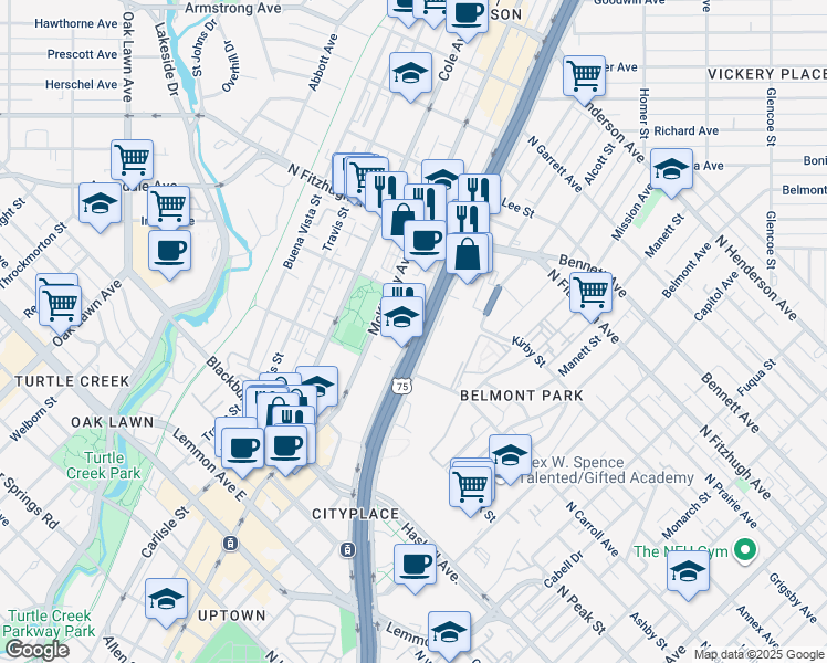 map of restaurants, bars, coffee shops, grocery stores, and more near 4031 North Central Expressway in Dallas