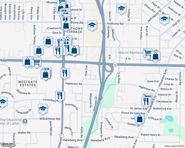map of restaurants, bars, coffee shops, grocery stores, and more near 1063 Violet Street in Macon