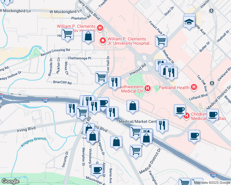 map of restaurants, bars, coffee shops, grocery stores, and more near 5500 Southwestern Medical Avenue in Dallas