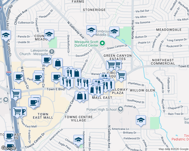 map of restaurants, bars, coffee shops, grocery stores, and more near 1200 Warwick Drive in Mesquite