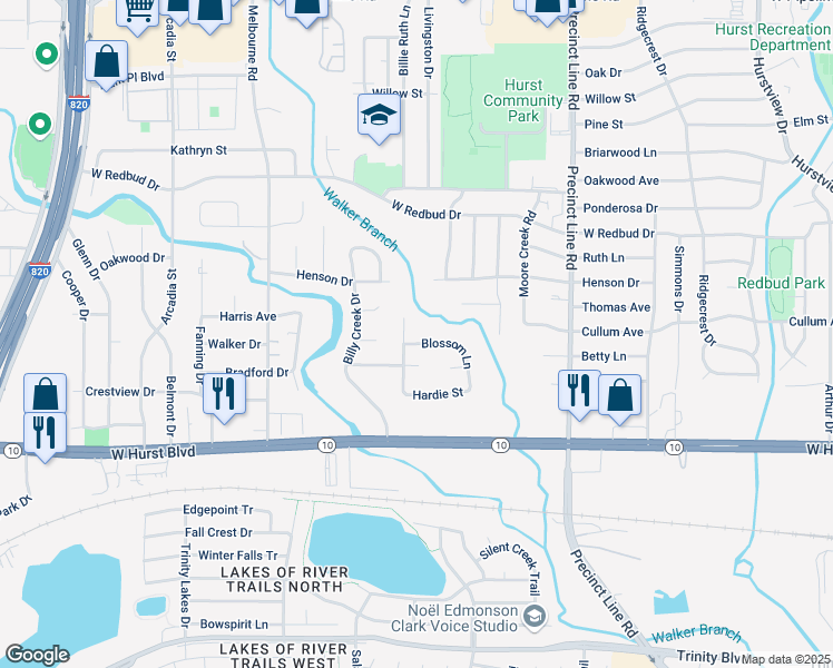 map of restaurants, bars, coffee shops, grocery stores, and more near 264 Blossom Lane in Hurst