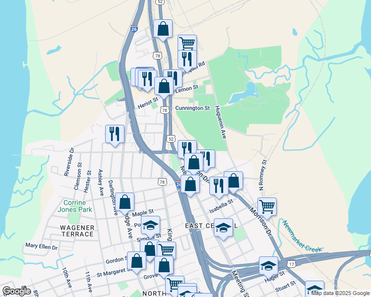 map of restaurants, bars, coffee shops, grocery stores, and more near 1300 Meeting Street Road in North Charleston