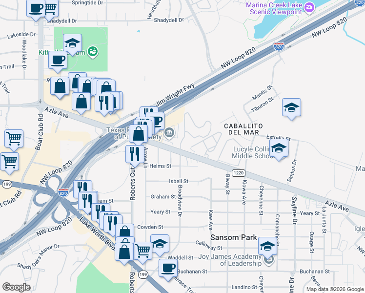 map of restaurants, bars, coffee shops, grocery stores, and more near 3000 Creekside Drive in Fort Worth