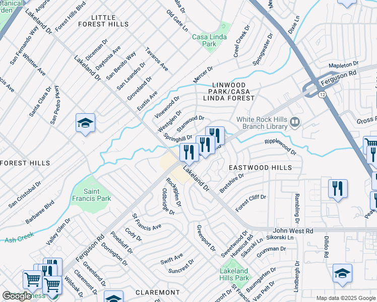 map of restaurants, bars, coffee shops, grocery stores, and more near 8605 Ferguson Road in Dallas