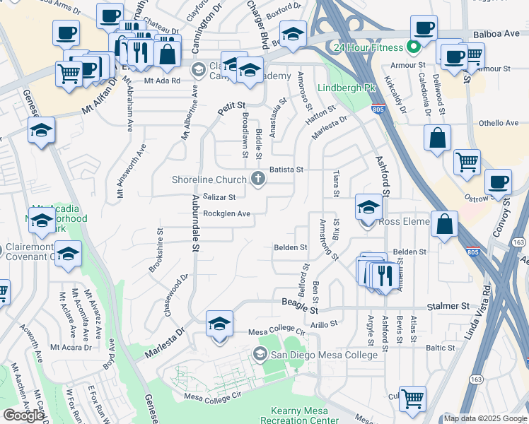 map of restaurants, bars, coffee shops, grocery stores, and more near 7035 Rockglen Avenue in San Diego