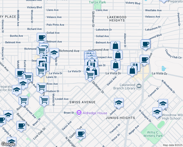 map of restaurants, bars, coffee shops, grocery stores, and more near Skillman Street & La Vista Drive in Dallas