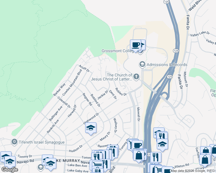 map of restaurants, bars, coffee shops, grocery stores, and more near 8690 Jackie Drive in San Diego