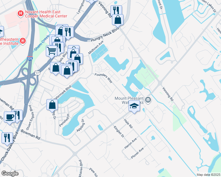 map of restaurants, bars, coffee shops, grocery stores, and more near 1536 Rifle Range Road in Mount Pleasant