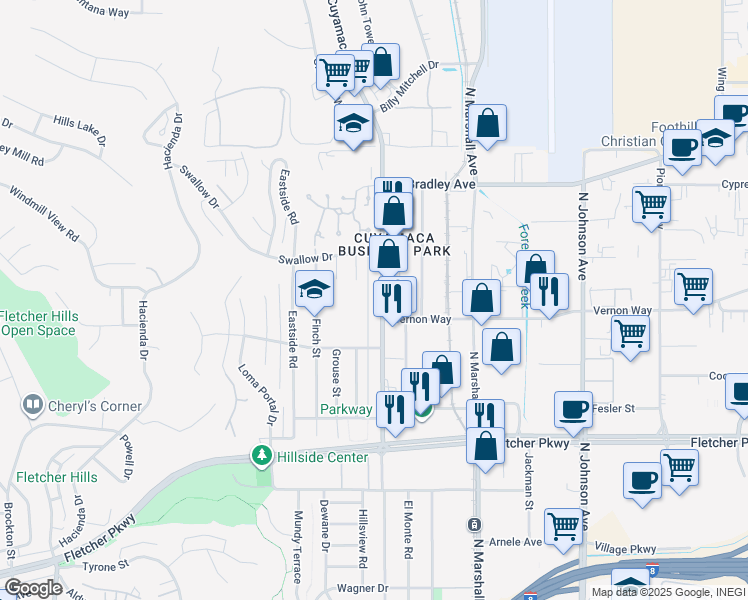 map of restaurants, bars, coffee shops, grocery stores, and more near 1286 Cuyamaca Street in El Cajon
