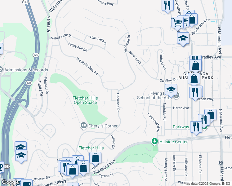map of restaurants, bars, coffee shops, grocery stores, and more near 1255 Hacienda Drive in El Cajon