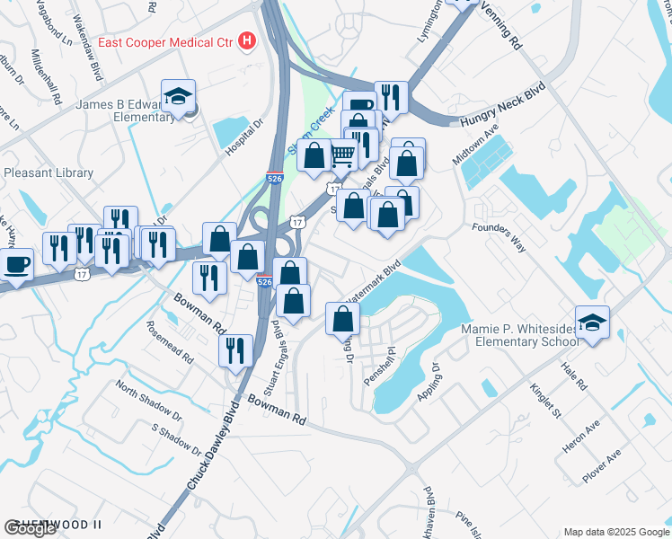 map of restaurants, bars, coffee shops, grocery stores, and more near 1137 Louise Terrace in Mount Pleasant