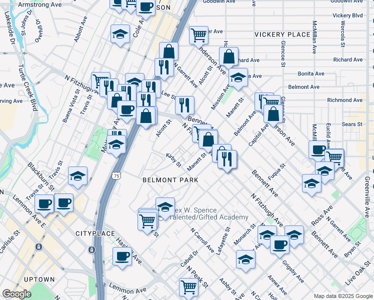 map of restaurants, bars, coffee shops, grocery stores, and more near 24 Coles Manor Place in Dallas