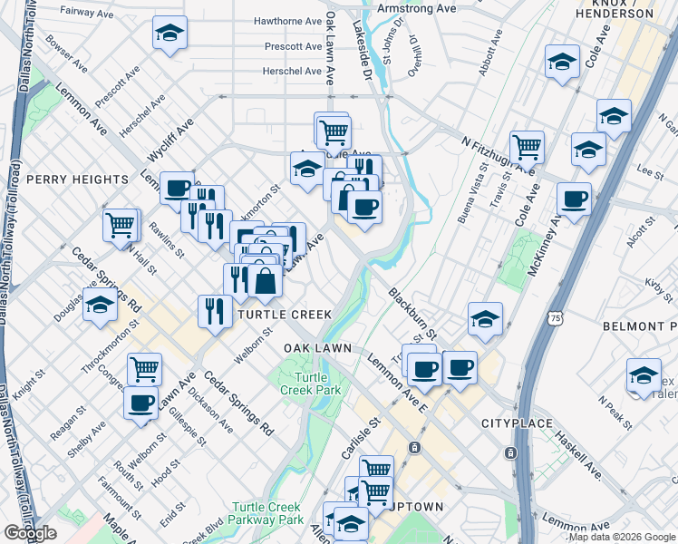 map of restaurants, bars, coffee shops, grocery stores, and more near 3702 Holland Avenue in Dallas